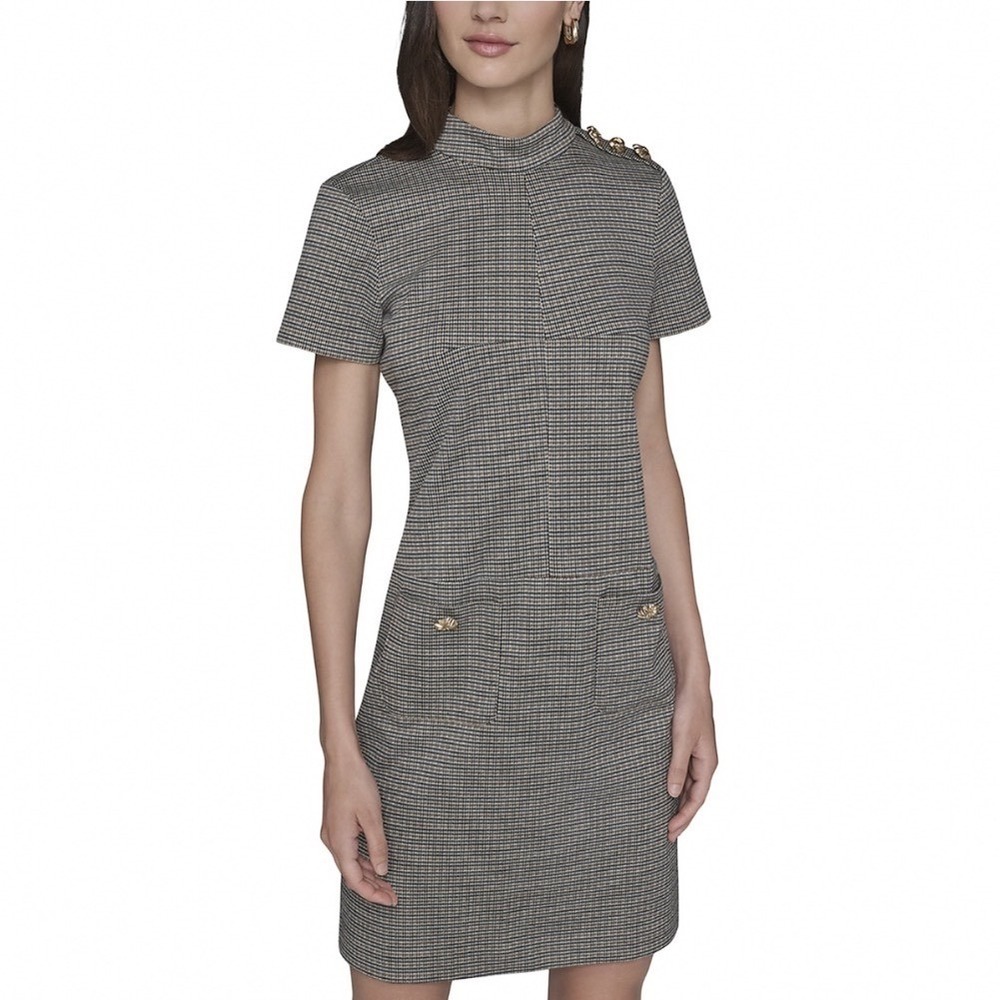 Karl Lagerfeld Paris Brown Houndstooth Mock Neck Sheath Dress Gold Buttons 6